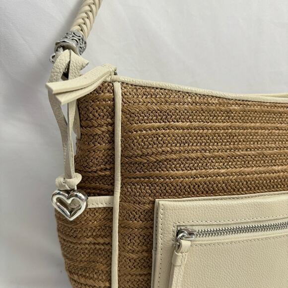 BRIGHTON Cream & Tan Raffia Leather Shoulder Tote Bag Purse - Picture 7 of 14